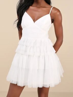 Lulus XS Special Poise White Tulle Pleated Sleeveless Tiered Mini Dress, Size XS